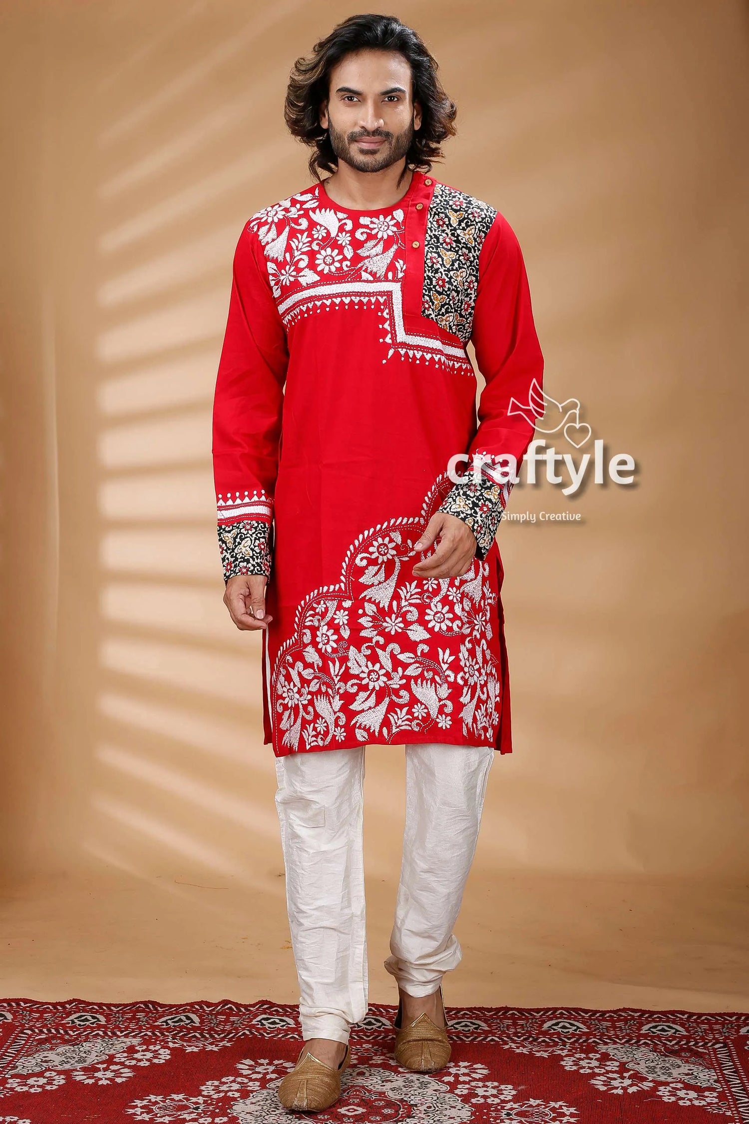 Applique design red kantha work mens cotton kurta embroidered white floral 1