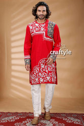 Applique design red kantha work mens cotton kurta embroidered white floral 1