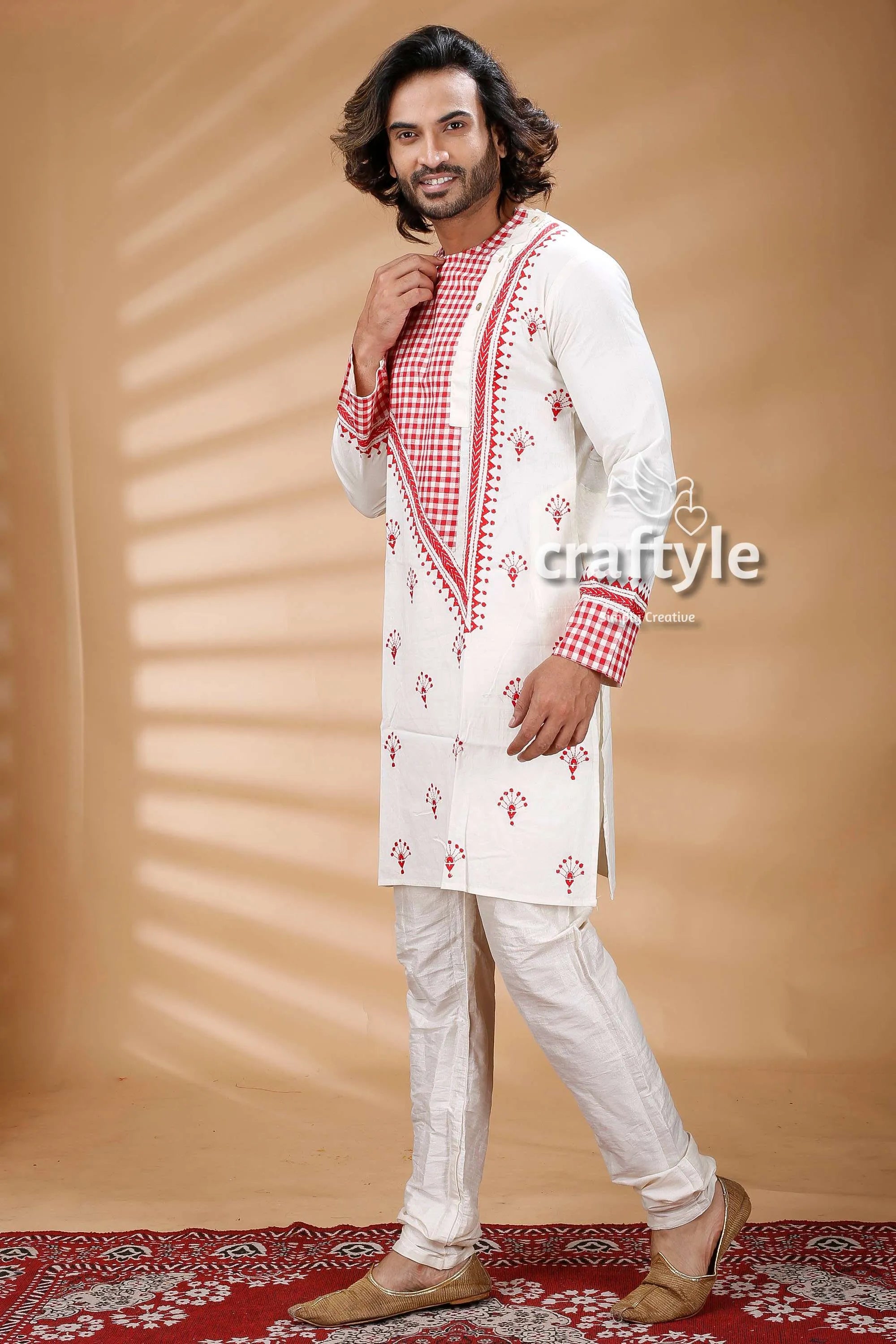 Applique work white kantha stitch cotton men’s kurta red checkered accents 3