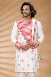 Applique work white kantha stitch cotton men’s kurta red checkered panel 2