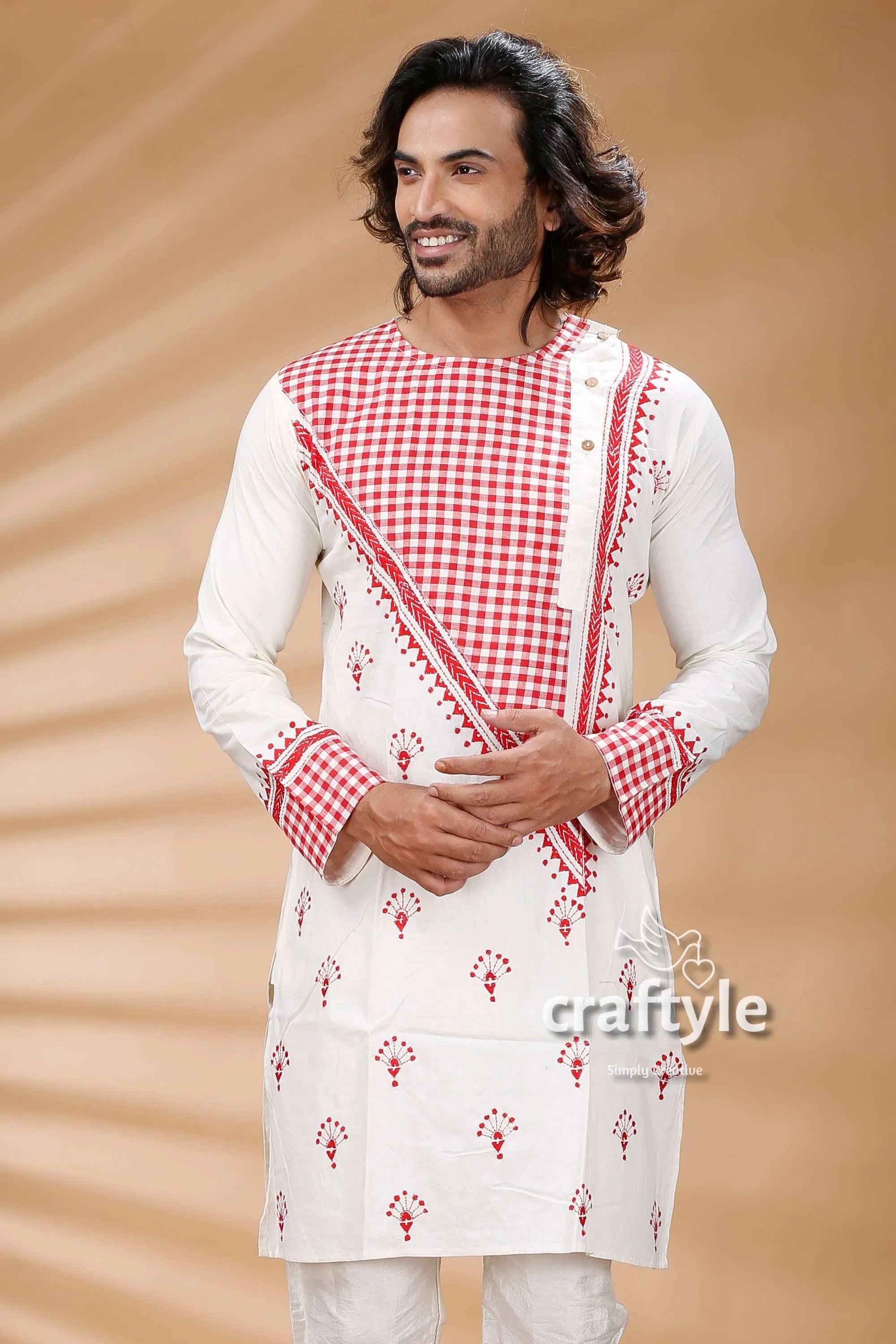 Applique work white kantha stitch cotton men’s kurta red checkered panel 2