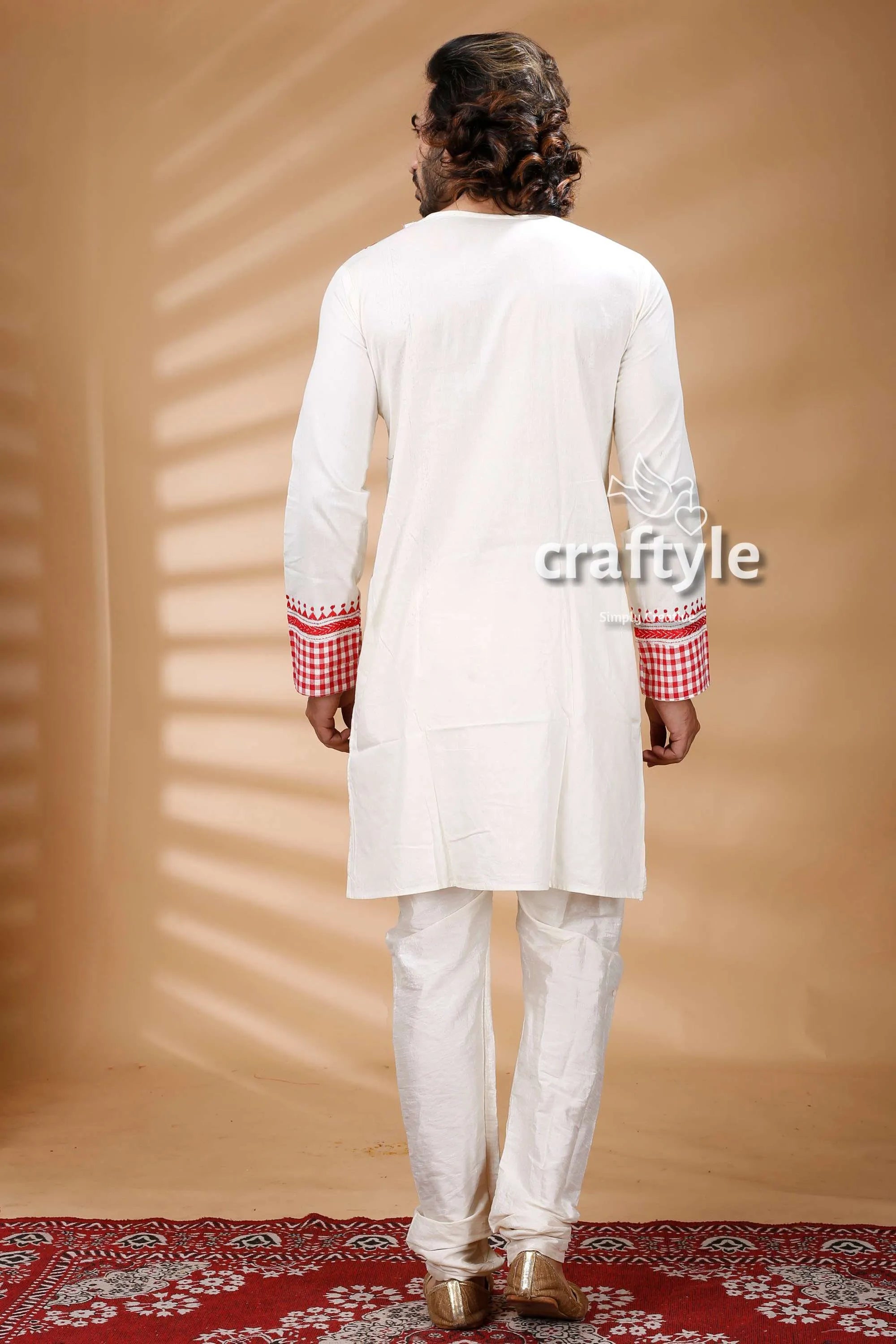 Applique work white kantha stitch cotton men’s kurta red checkered cuffs 5