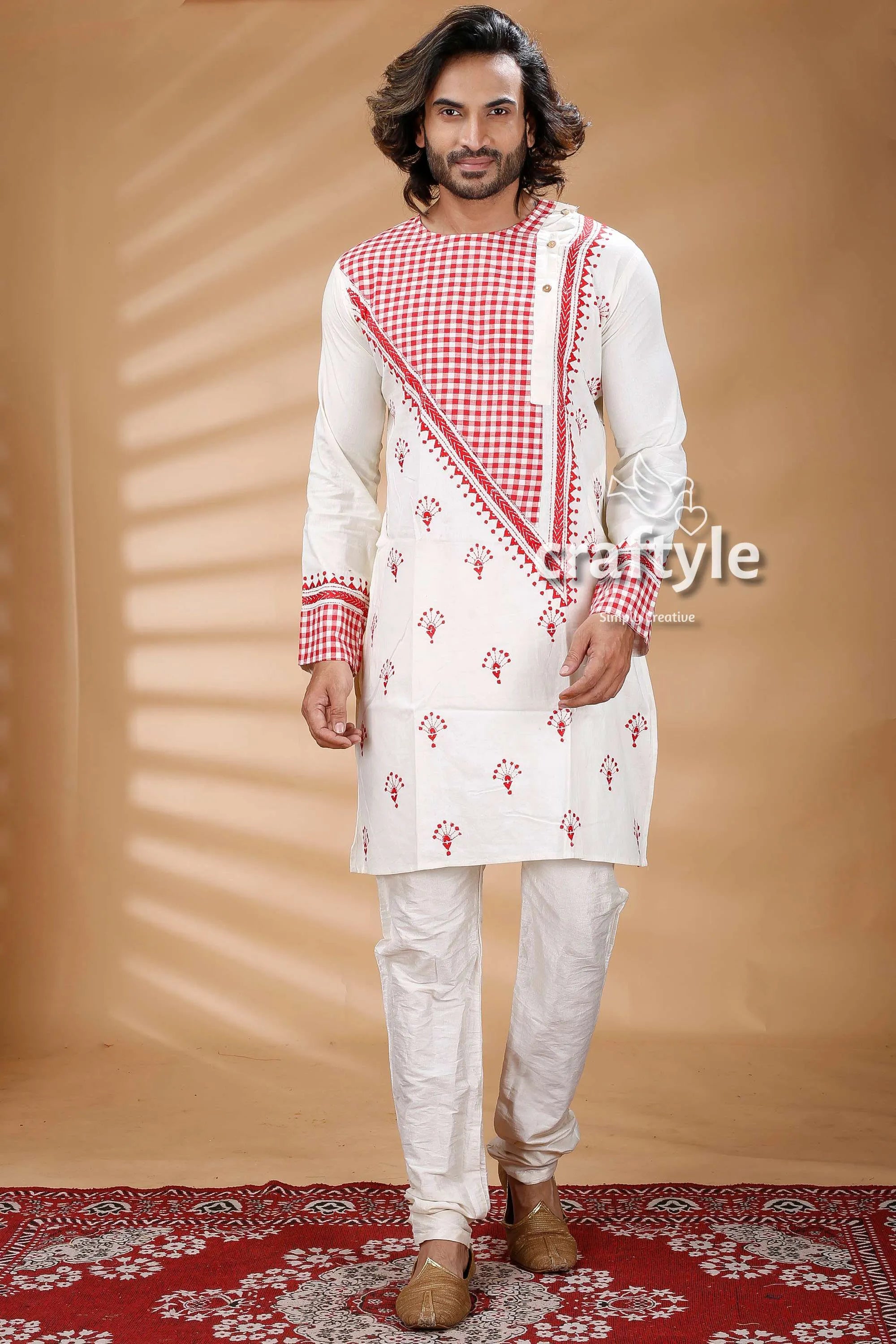 Applique work white kantha stitch cotton men’s kurta red checkered accents 1