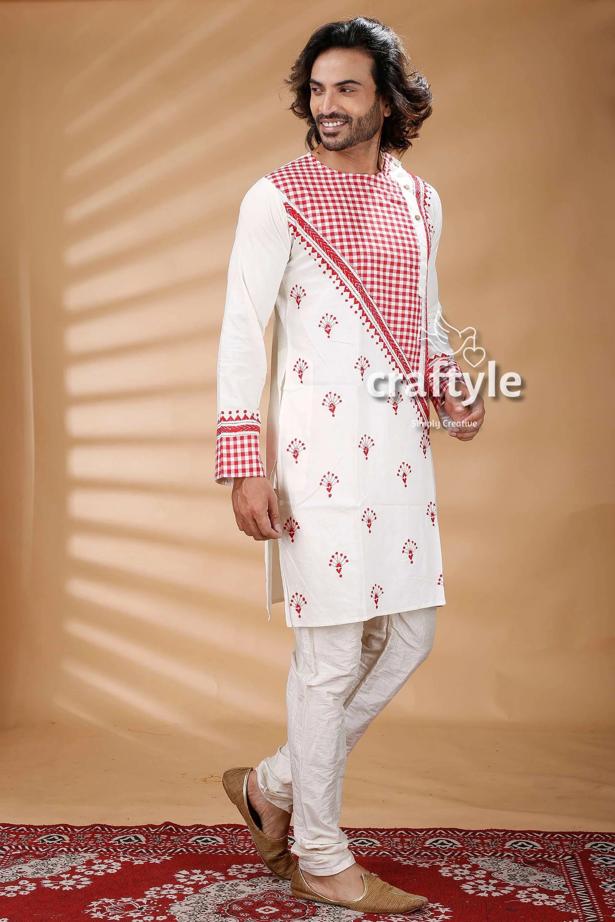 Applique work white kantha stitch cotton men’s kurta red checkered accents 4