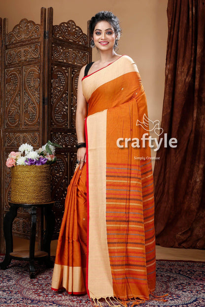 Apricot Orange Elegant Handloom Cotton Saree-Craftyle