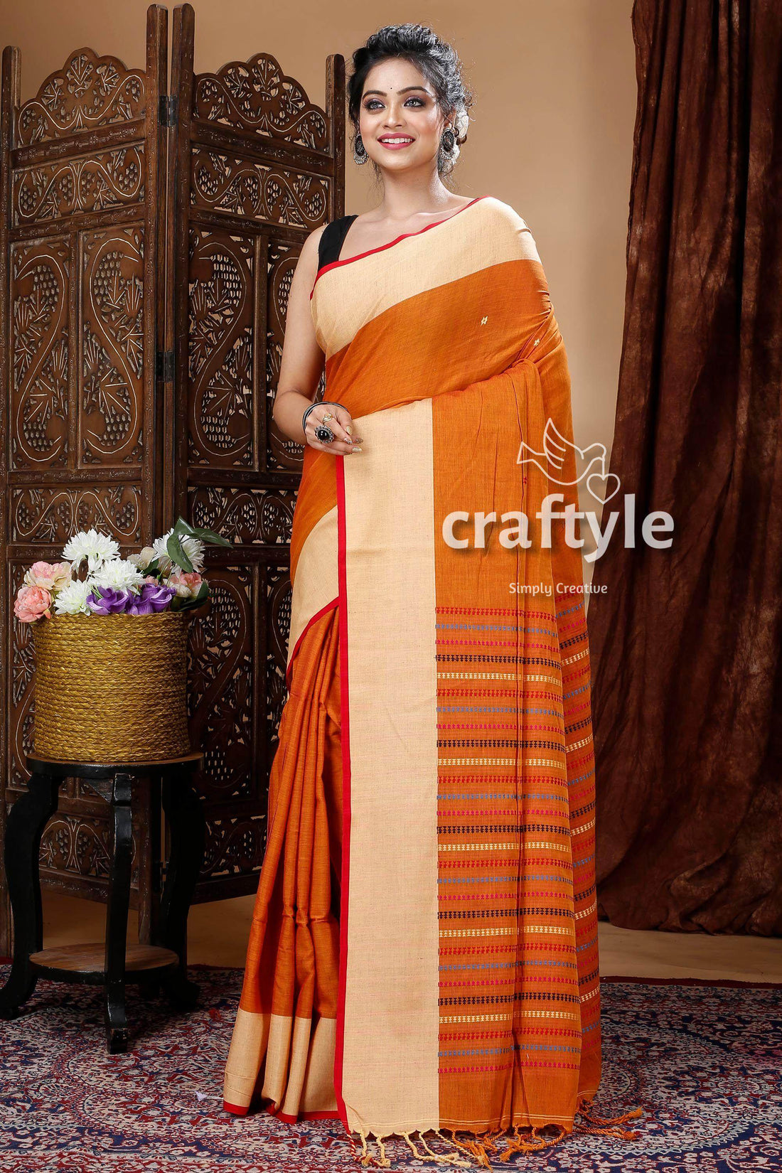 Apricot Orange Elegant Handloom Cotton Saree-Craftyle