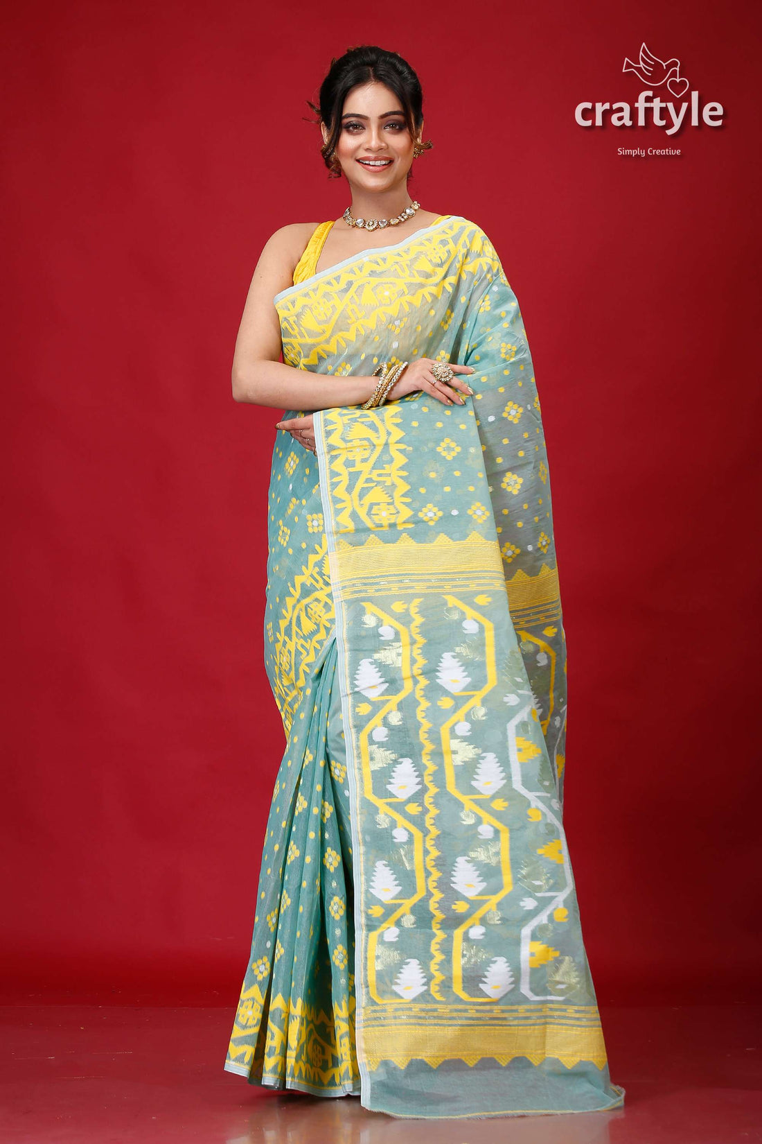 Aquamarine Blue Festive Jamdani Saree-Craftyle
