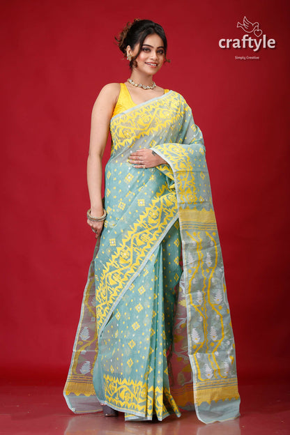 Aquamarine Blue Festive Jamdani Saree-Craftyle