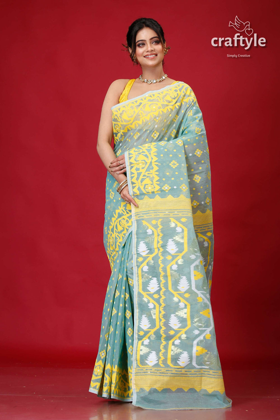 Aquamarine Blue Festive Jamdani Saree-Craftyle