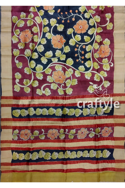 Artisan-crafted light plum pure tussar kalamkari saree with zari edges floral-patterned saree 7