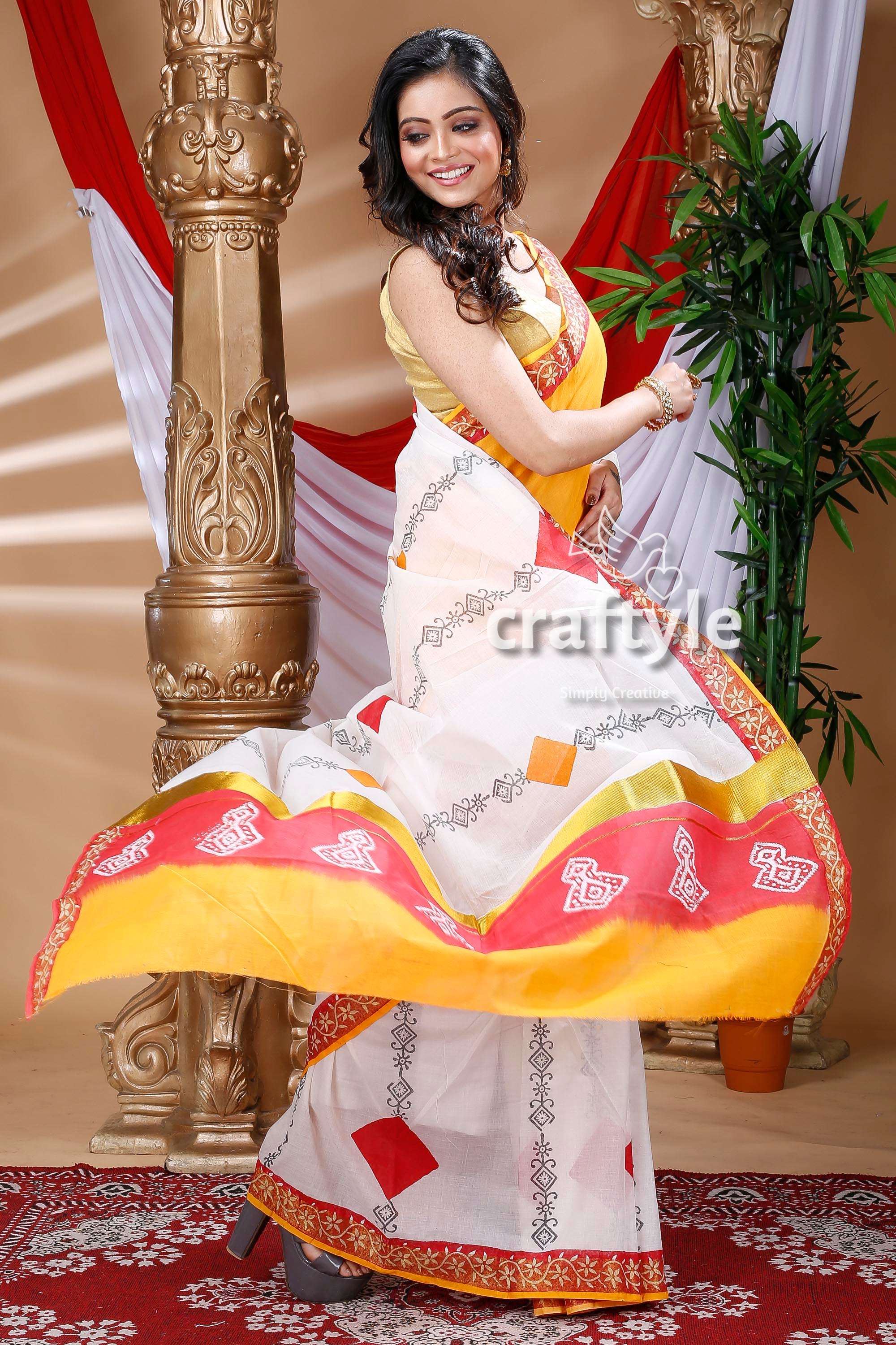 Artisanal Design Multicolor Hand Block Kerala Cotton Saree-Craftyle