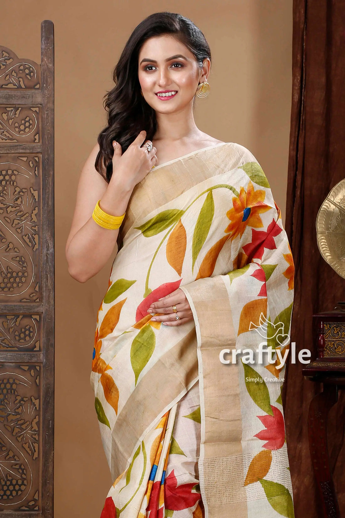 Artisanal floral motif hand painted zari border pure tussar kalamkari sari floral-patterned saree gold border 2