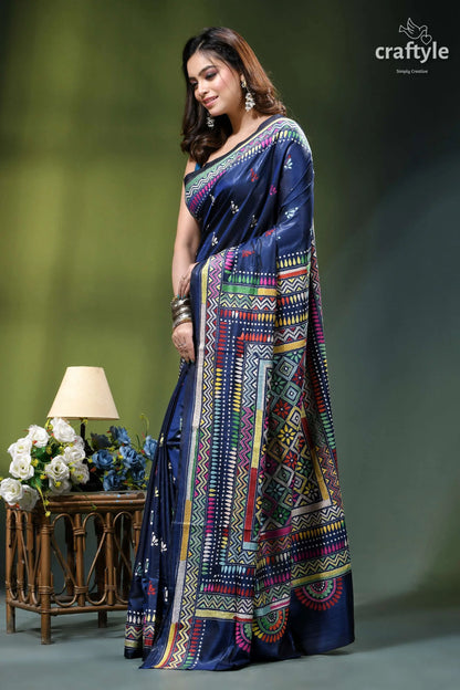Artisanal geometric design silk kantha stitch saree in cataline blue navy blue silk saree intricate 3