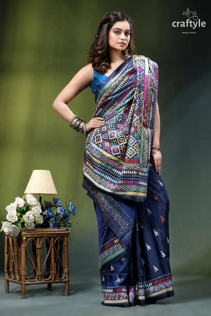 Artisanal geometric design silk kantha stitch saree in cataline blue navy blue saree intricate multicolored 7