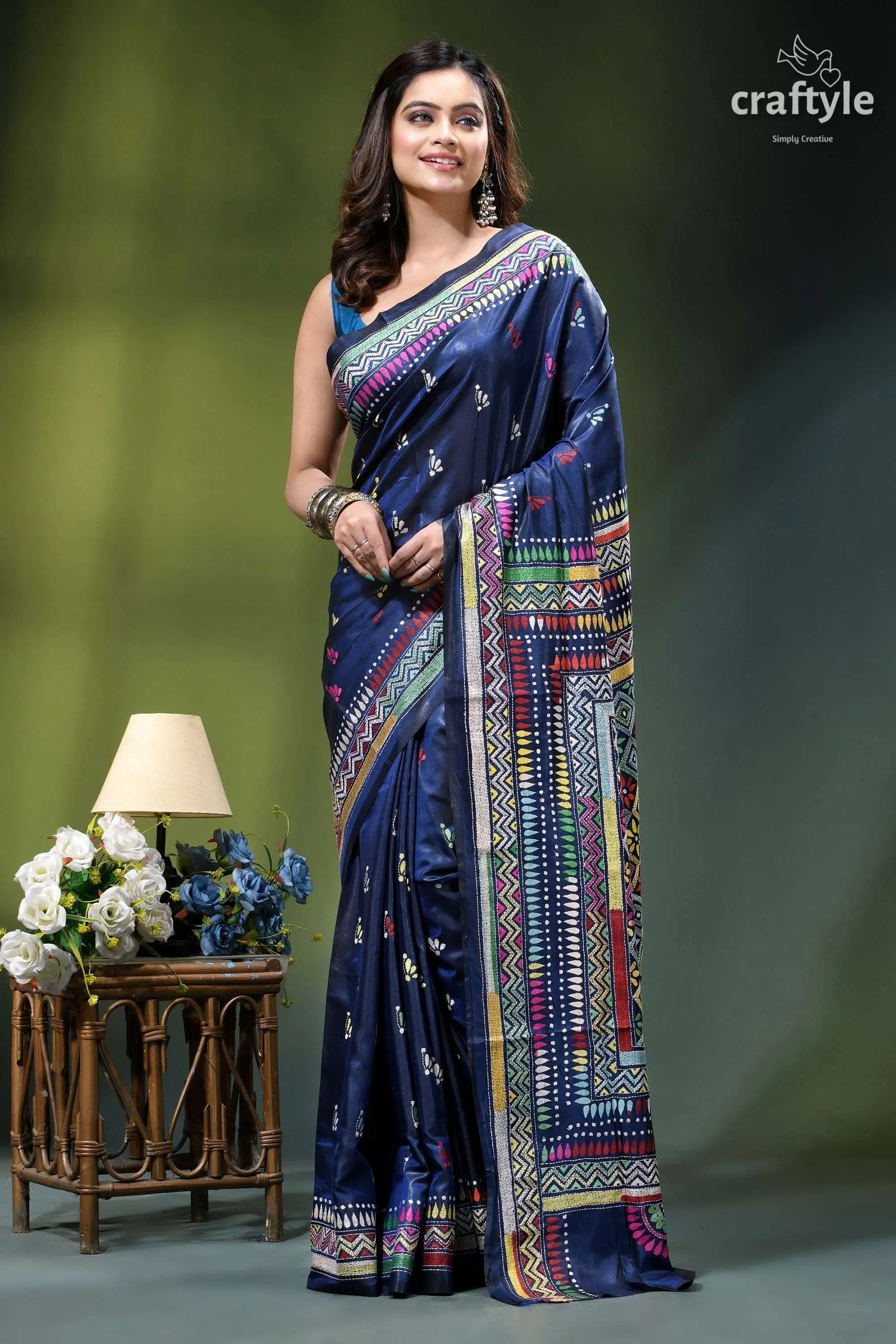 Artisanal geometric design silk kantha stitch saree in cataline blue navy blue silk saree intricate 5