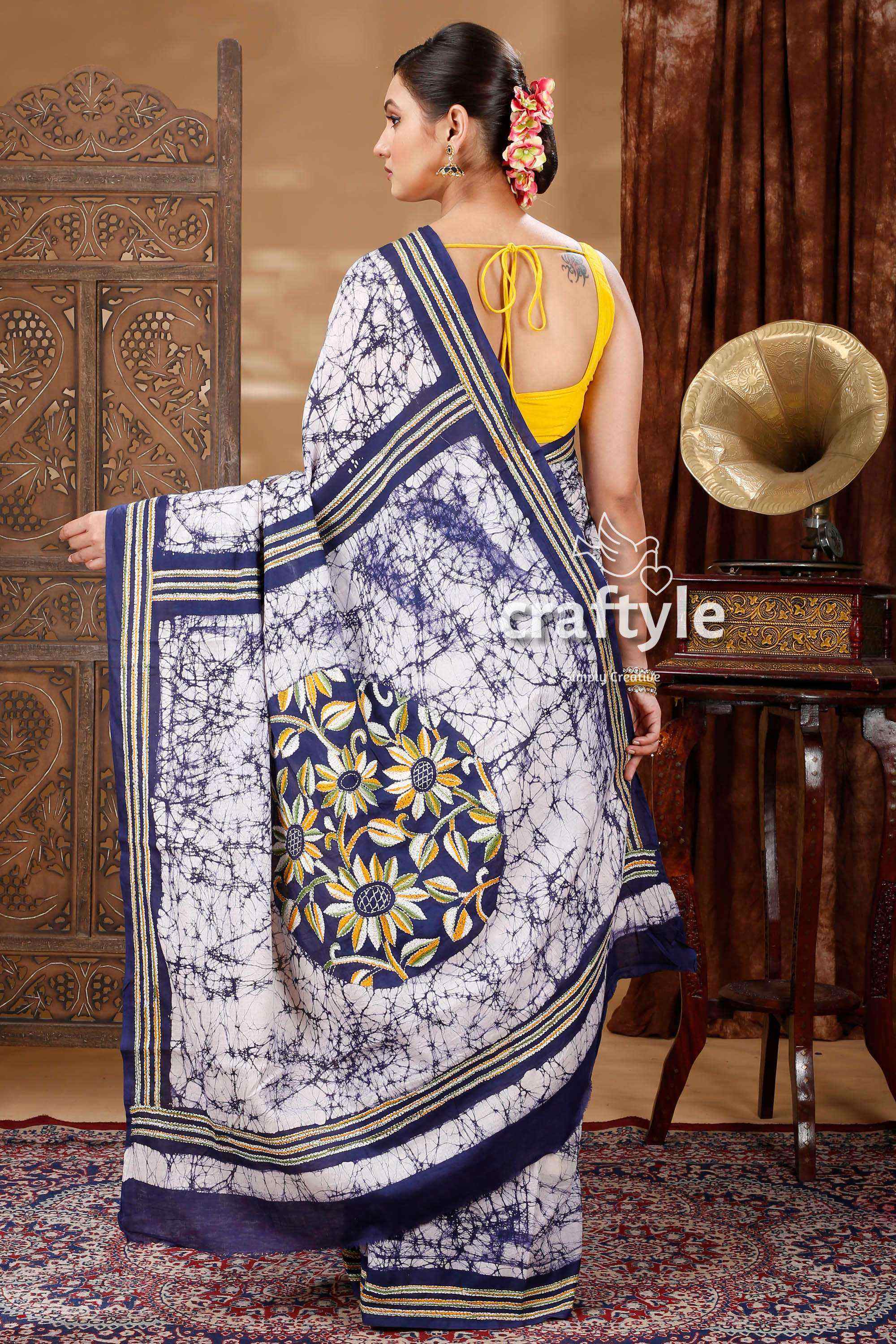 Artisanal Hand Batik Kantha Stitch Cotton Saree-Craftyle