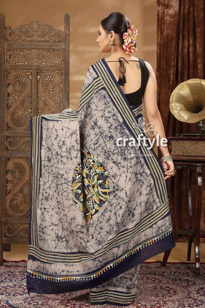 Artisanal Hand Batik Kantha Stitch Pure Cotton Saree-Craftyle