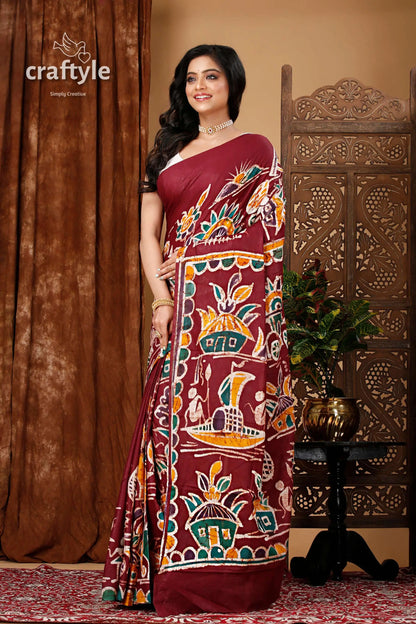 Artisanal hand painted batik pure cotton saree maroon saree folk art print 3