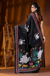 Artisanal handcrafted swan motif black kantha work silk saree 5