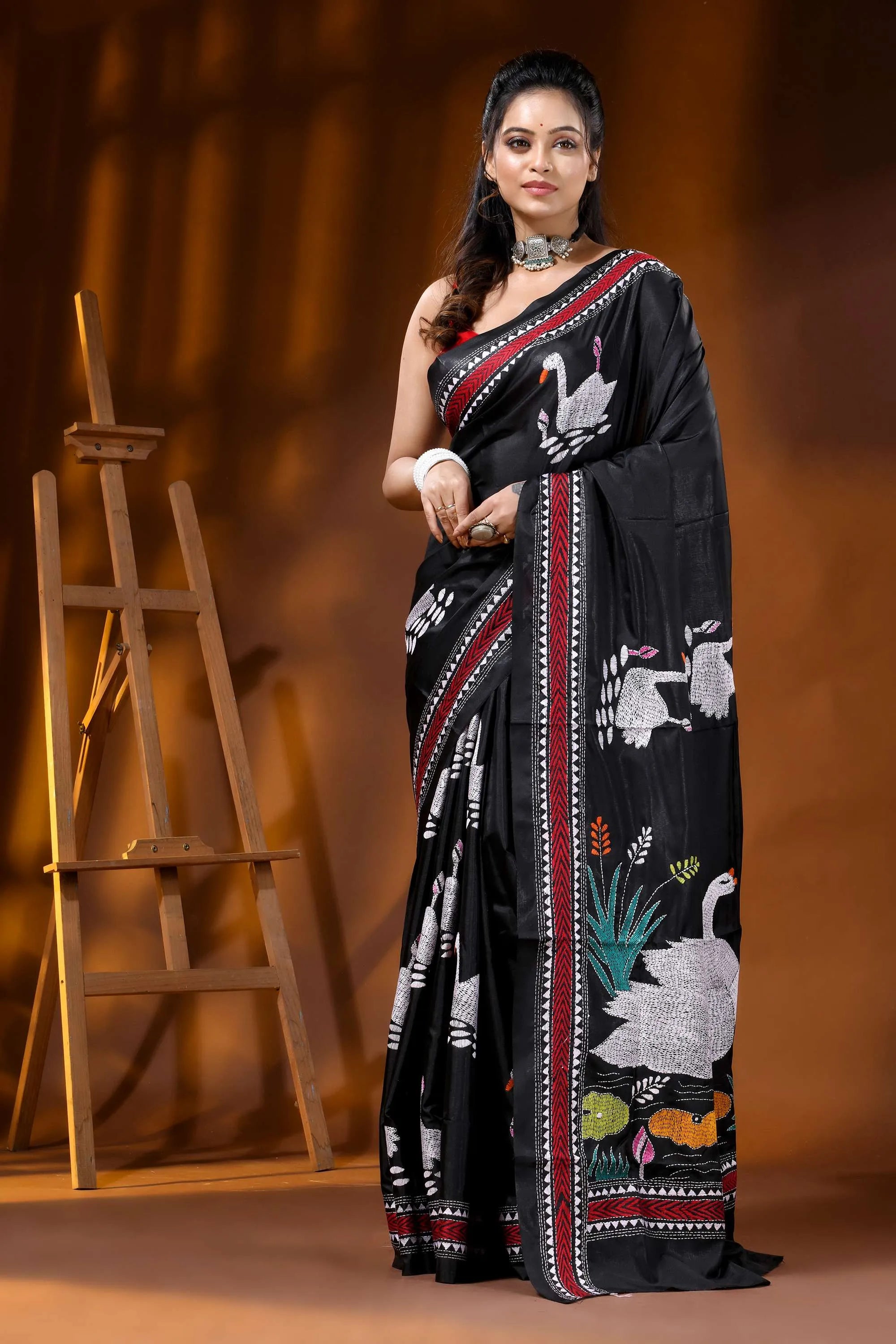 Artisanal handcrafted swan motif black kantha work silk saree 6