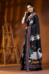 Artisanal handcrafted swan motif black kantha work silk saree 3