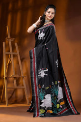 Artisanal handcrafted swan motif black kantha work silk saree 4