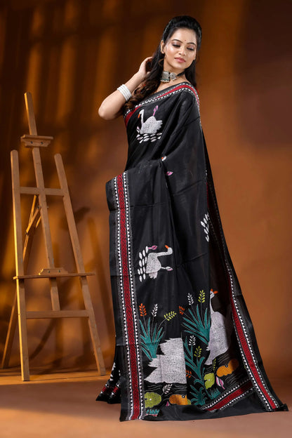 Artisanal handcrafted swan motif black kantha work silk saree 4