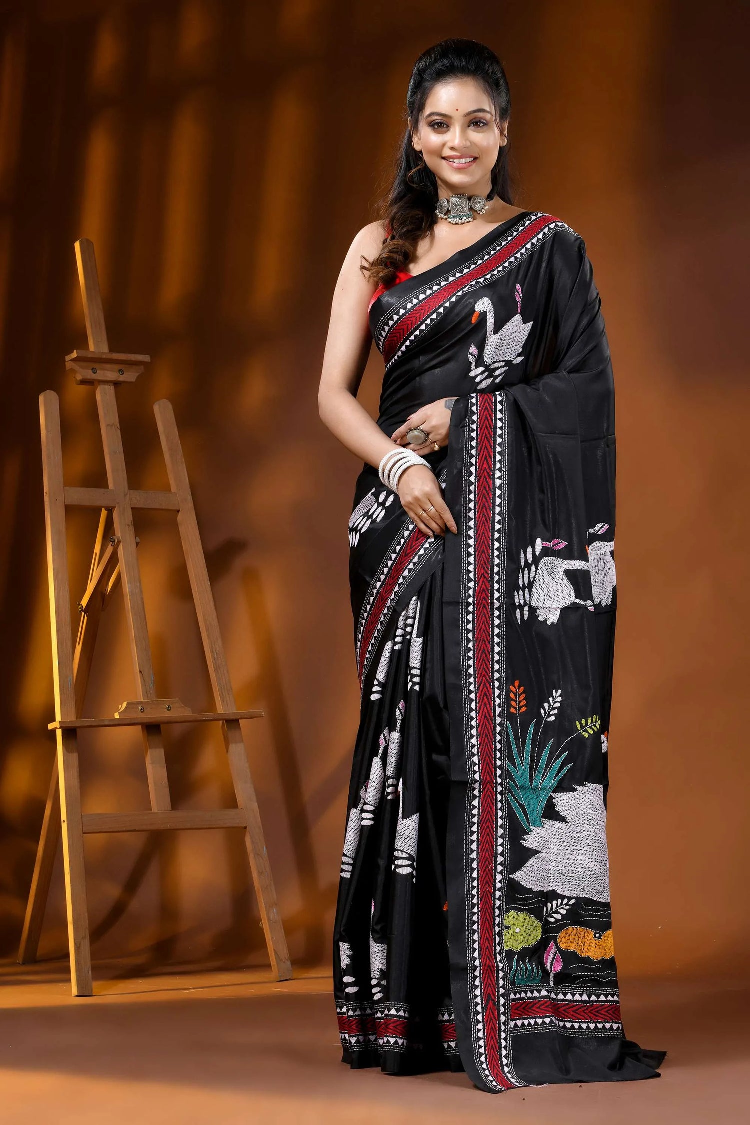 Artisanal handcrafted swan motif black kantha work silk saree 1