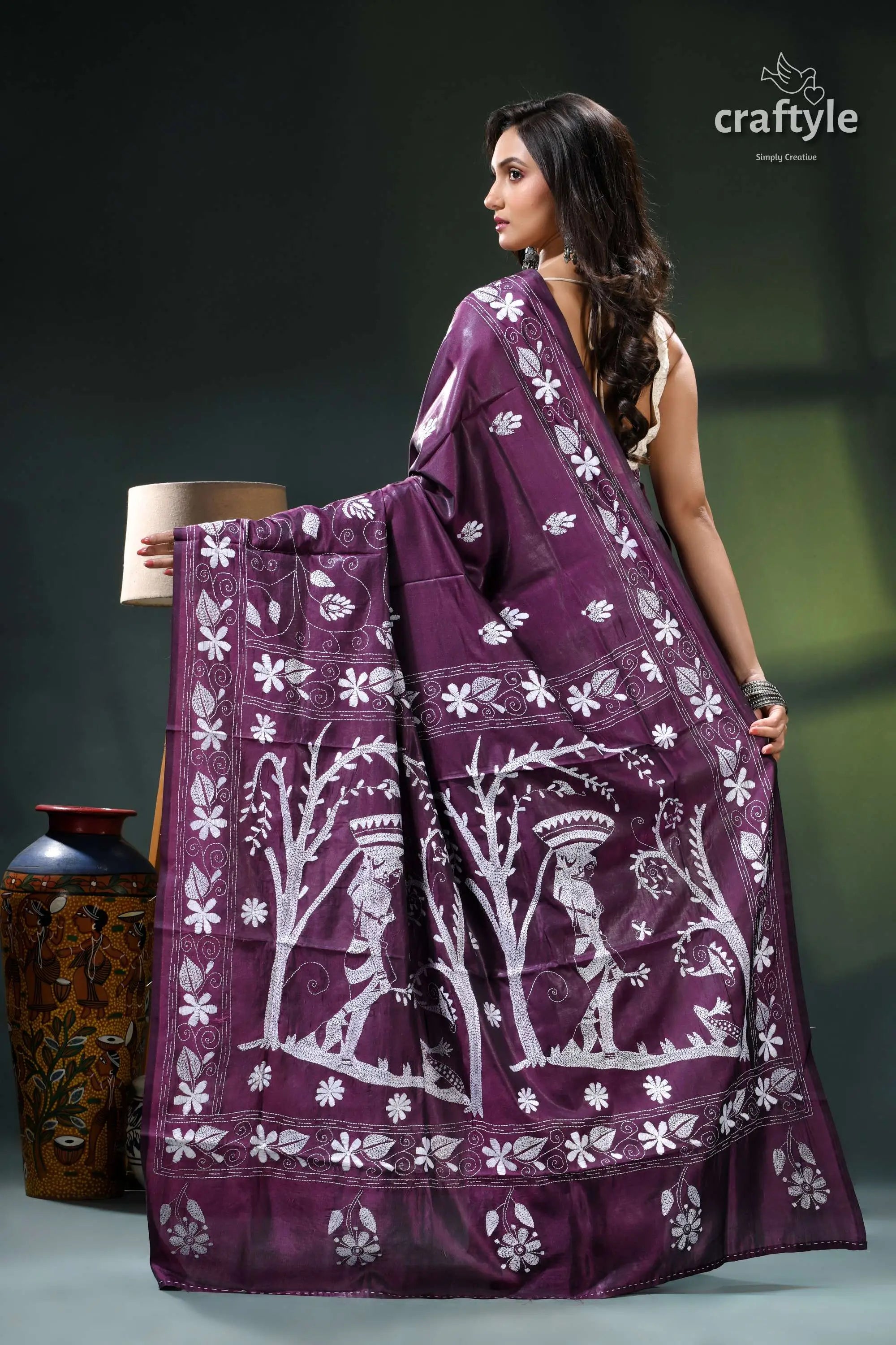 Artisanal handmade silk kantha work saree in japaneese violet purple white floral saree intricate 6