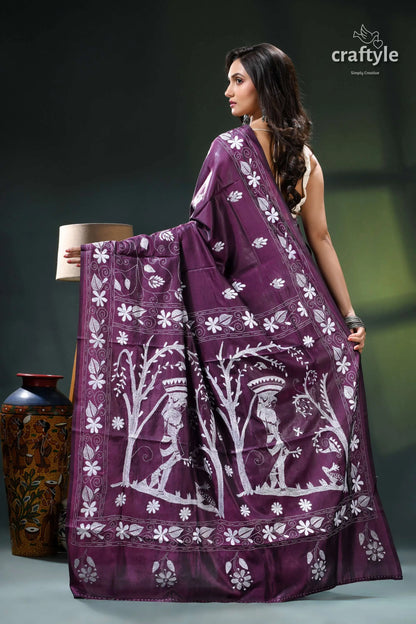 Artisanal handmade silk kantha work saree in japaneese violet purple white floral saree intricate 6