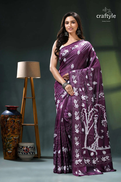 Artisanal handmade silk kantha work saree in japaneese violet purple saree white floral tree 5