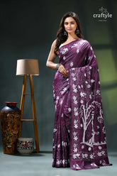 Artisanal handmade silk kantha work saree in japaneese violet purple floral saree white tree 1