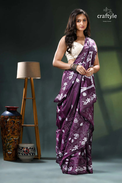 Artisanal handmade silk kantha work saree in japaneese violet purple floral saree white accents 4