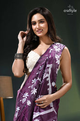 Artisanal handmade silk kantha work saree in japaneese violet purple floral saree silver embroidery 2