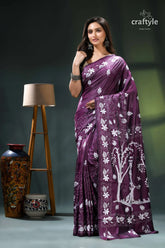 Artisanal handmade silk kantha work saree in japaneese violet purple floral saree white embroidery 7
