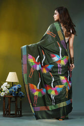 Artisanal heron design deep green silk kantha work saree dark green silk saree adorned 4