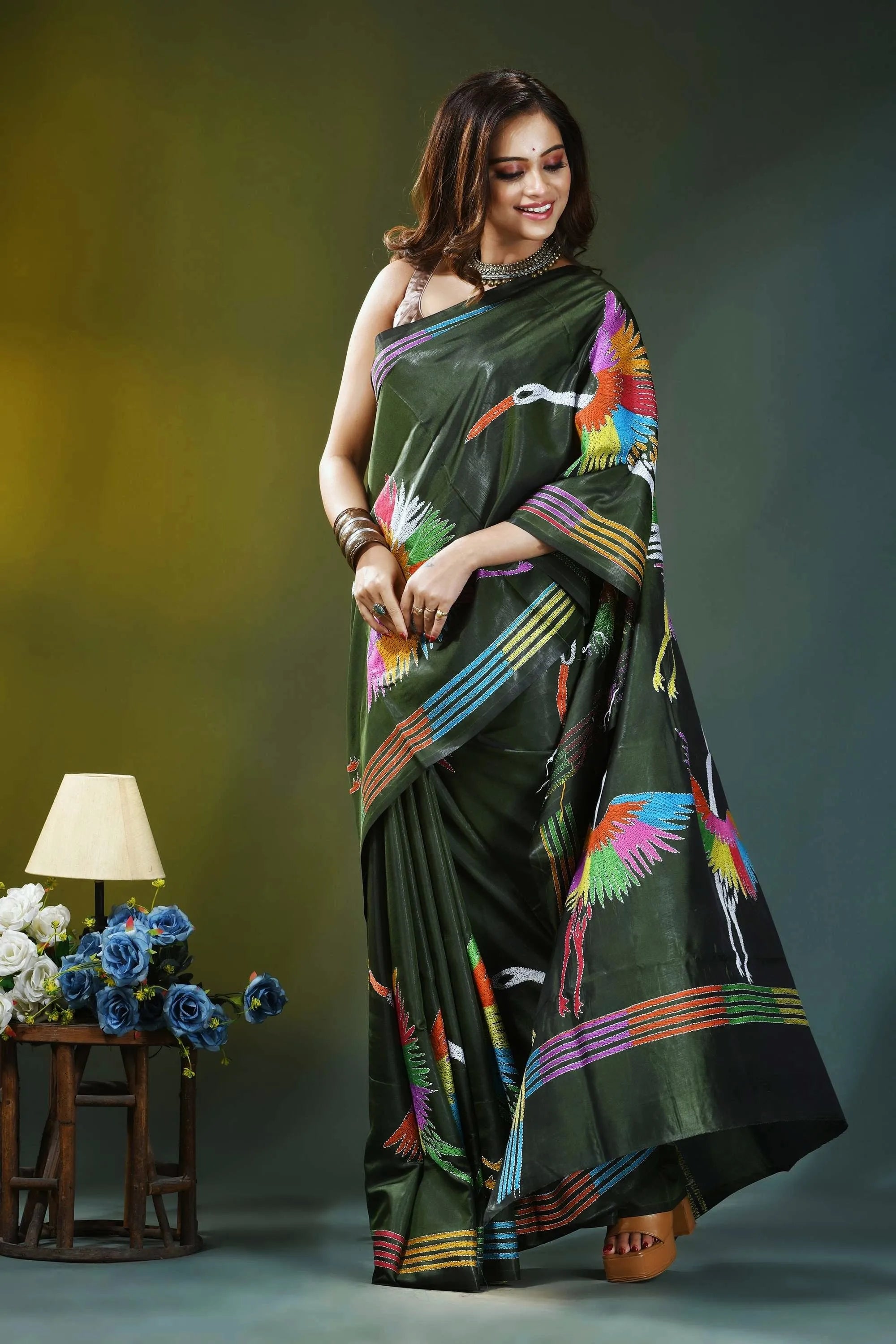 Artisanal heron design deep green silk kantha work saree vibrant green silk saree adorned 5