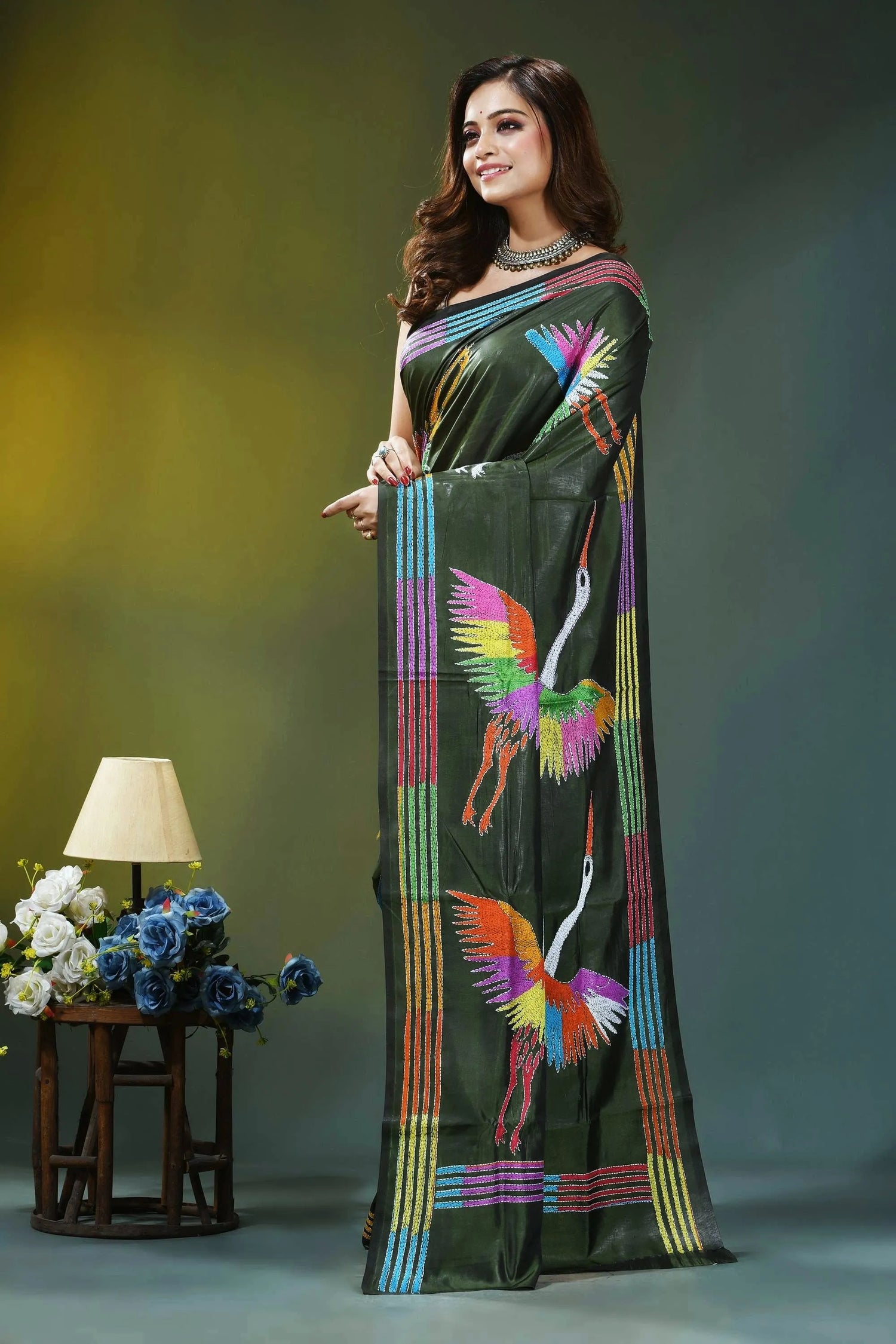 Artisanal heron design deep green silk kantha work saree dark green silk saree adorned 3