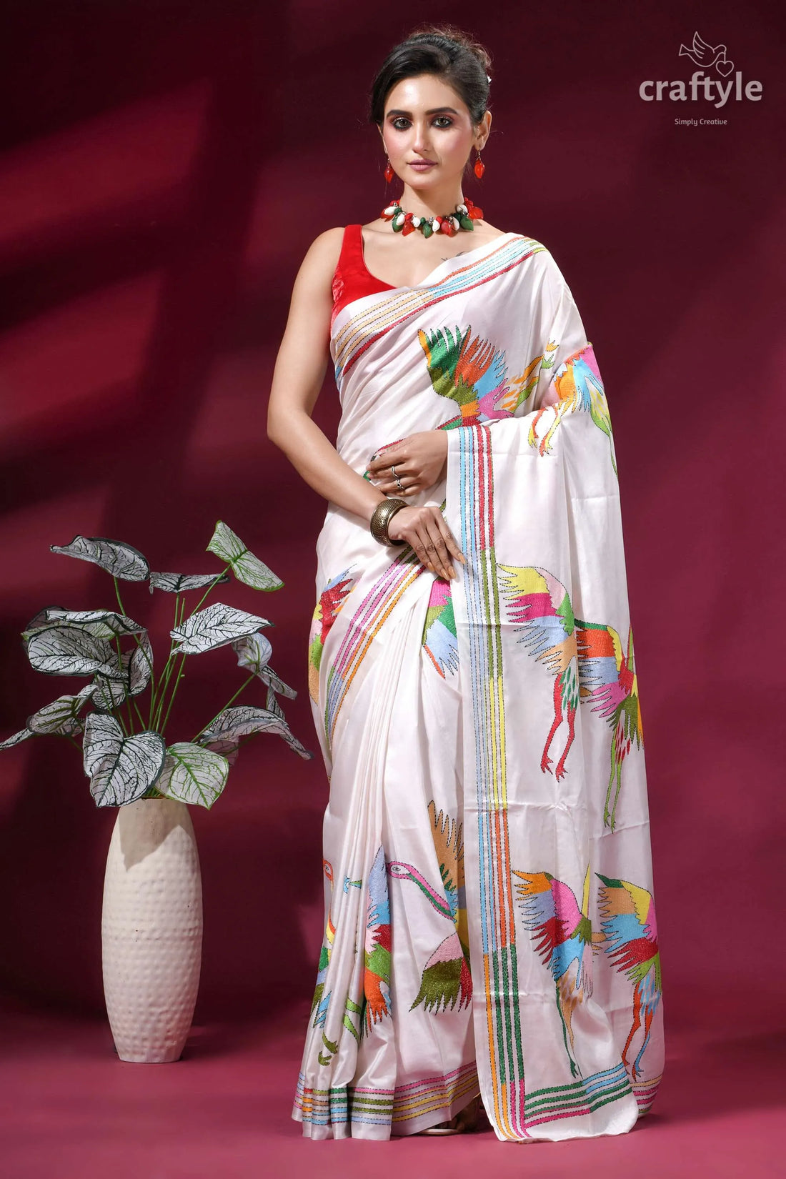 Artisanal heron design kantha embroidery silk saree in white white silk saree adorned vibrant 1