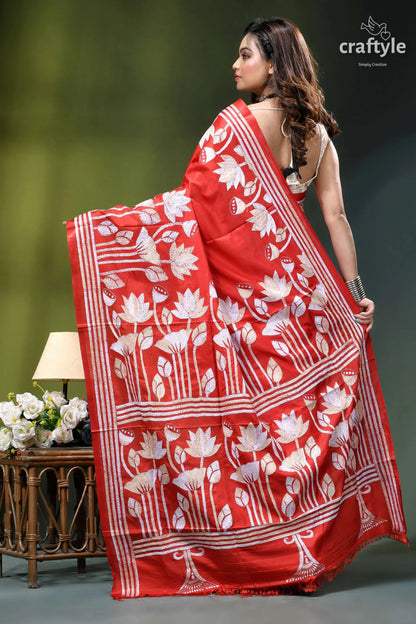 Artisanal lotus design silk kantha work saree in venetian red vibrant red saree intricate white 5