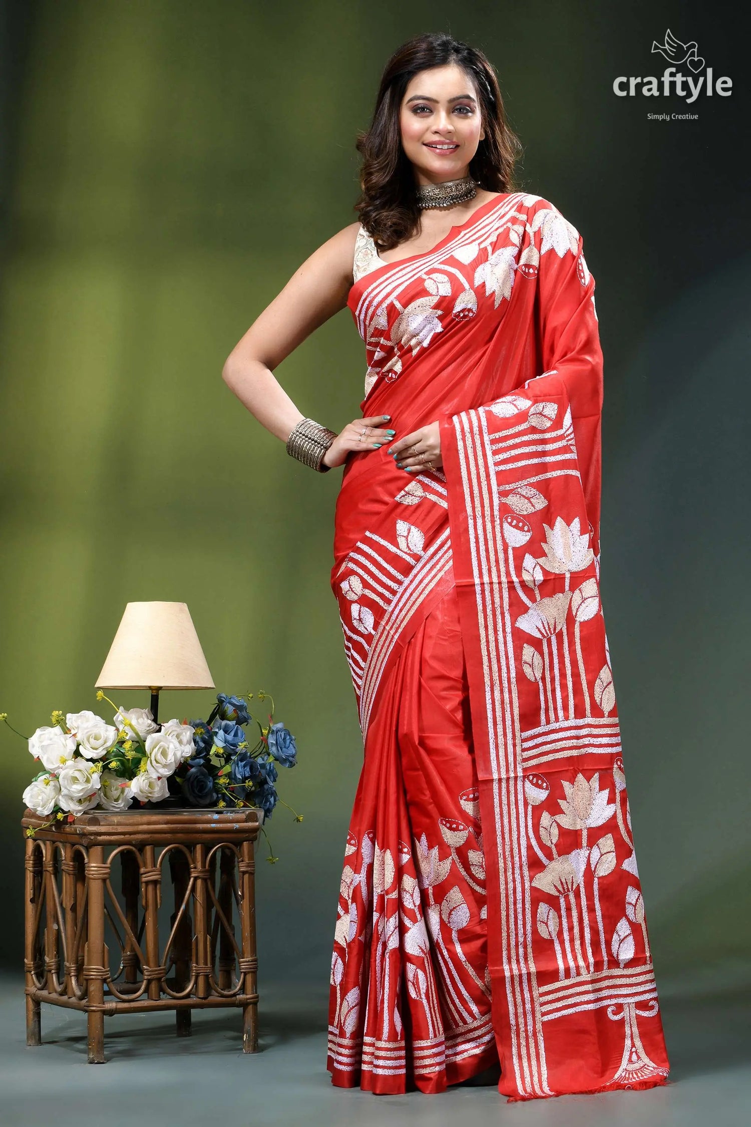 Artisanal lotus design silk kantha work saree in venetian red vibrant red saree intricate white 1