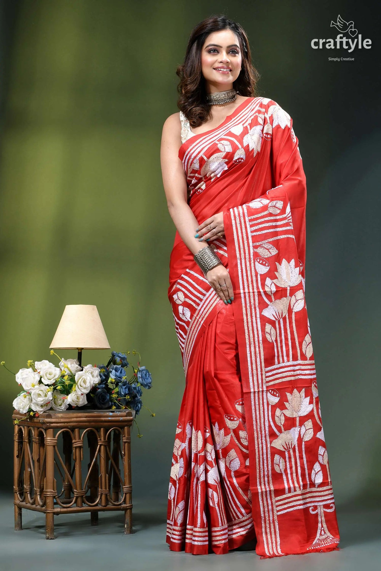 Artisanal lotus design silk kantha work saree in venetian red vibrant red saree intricate white 6