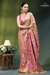 Artisanal lotus design sorrel brown silk kantha stitch saree woman wears peach-colored saree vibrant 5