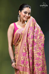 Artisanal lotus design sorrel brown silk kantha stitch saree vibrant pink beige floral-patterned silk 2