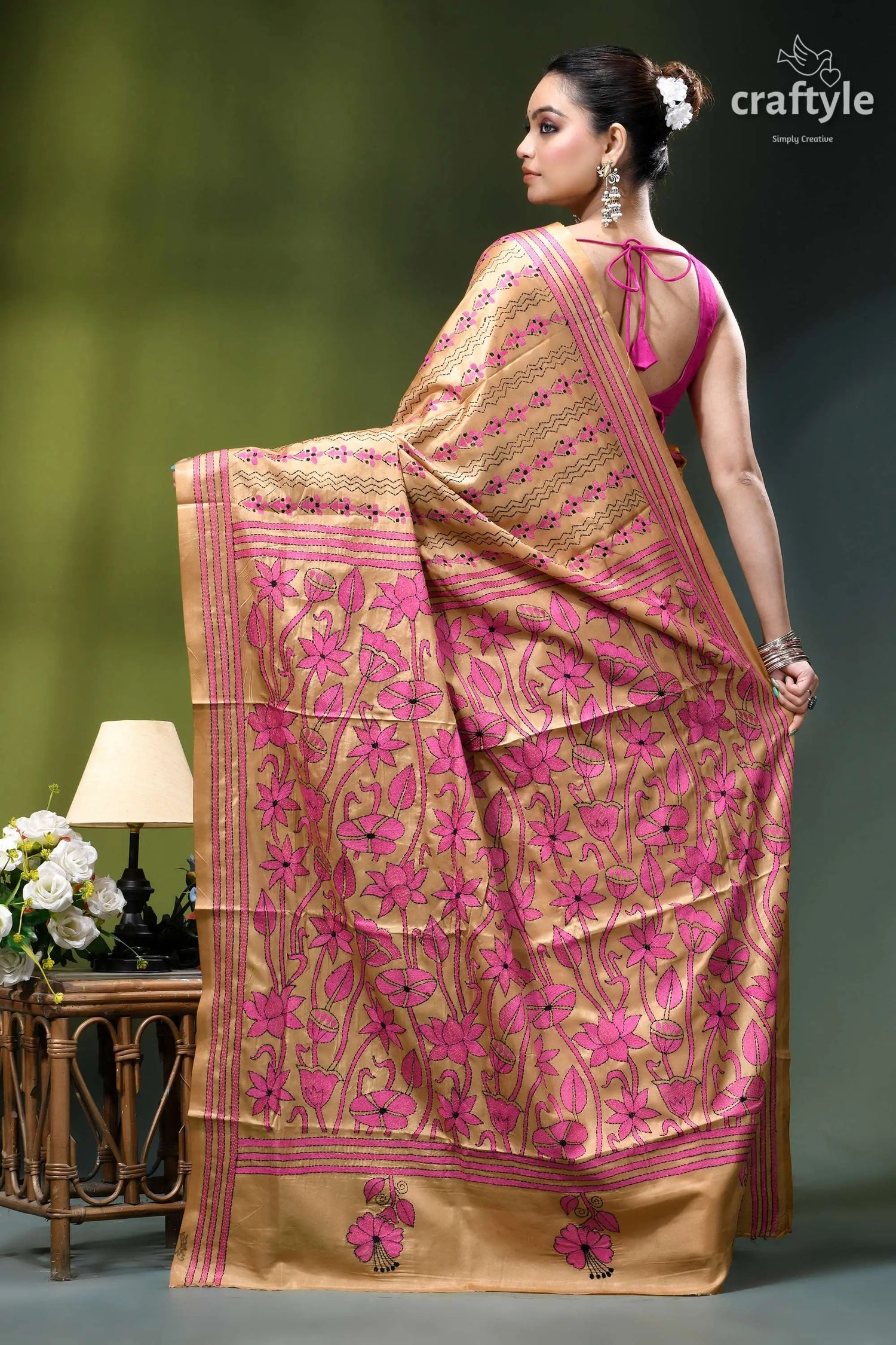 Artisanal lotus design sorrel brown silk kantha stitch saree vibrant pink gold floral-patterned saree 4