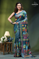 Artisanal nature theme exquisite silk kantha saree in teal blue teal-colored saree vibrant colorful folk-art 1