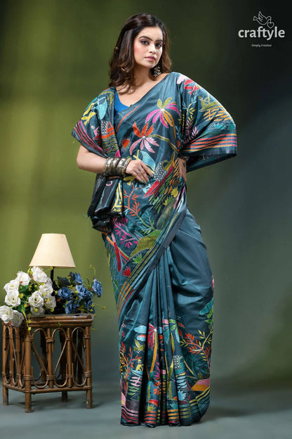 Artisanal nature theme exquisite silk kantha saree in teal blue woman wears teal silk saree 4
