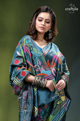 Artisanal nature theme exquisite silk kantha saree in teal blue teal silk dupatta vibrant floral 5