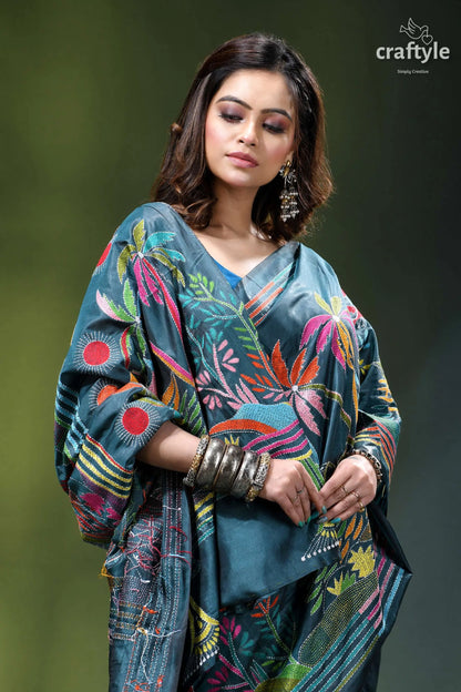 Artisanal nature theme exquisite silk kantha saree in teal blue teal silk dupatta vibrant floral 5