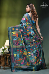 Artisanal nature theme exquisite silk kantha saree in teal blue vibrant teal silk saree adorned 6